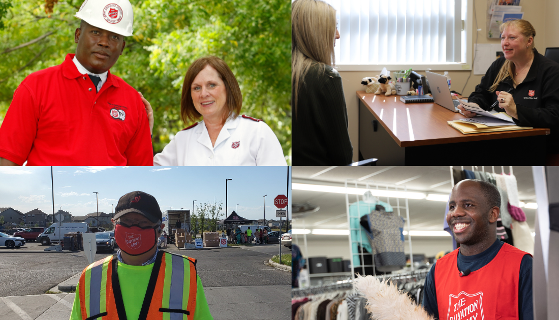 A collage of Salvation Army workers and officers, some in safety gear, one at a thrift store, others talking at a desk.